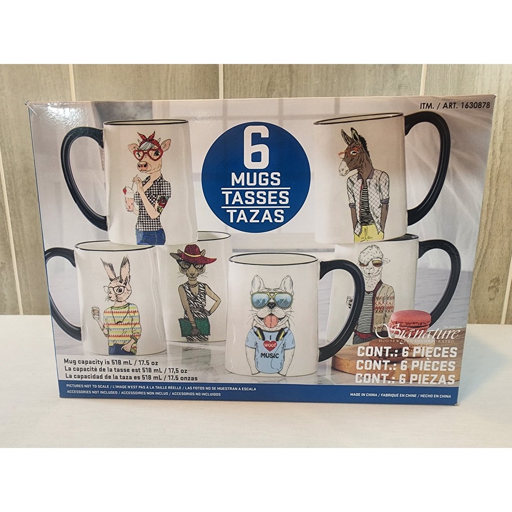 Signature Housewares Hipster Animal 6‎ Mug Set 17.5oz Large Stoneware Retro Vibe